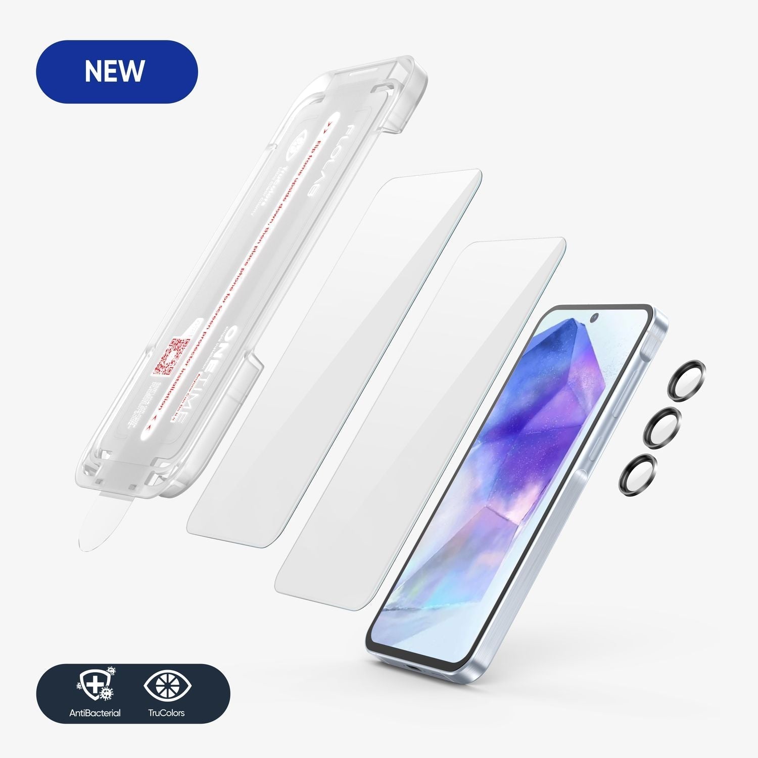 FLOLAB NanoArmour ONETIME for Galaxy A55: 2 Screen Protectors, 1 Black Lens Glass - Ultra Clear